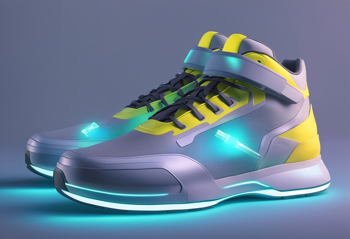 A pair of AI-enhanced shoes with sensors and data processing technology, glowing with a soft, futuristic light