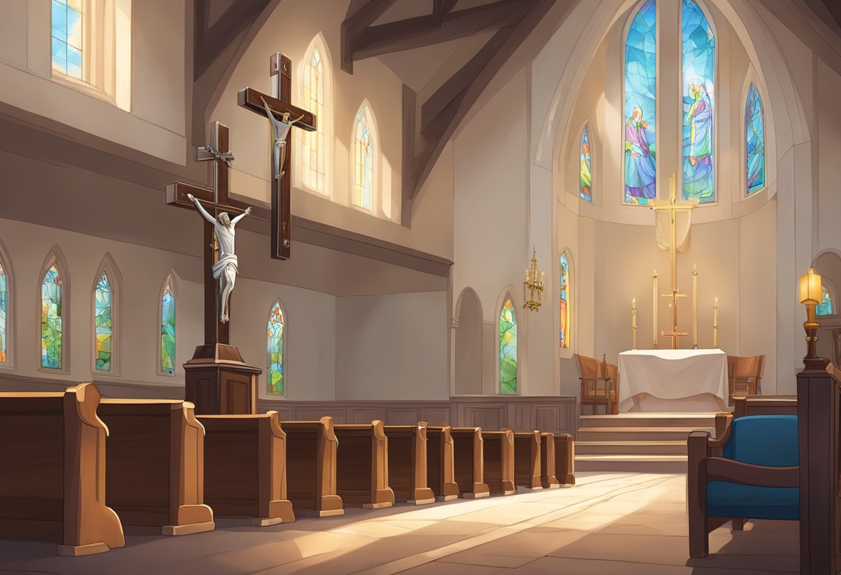 A cross stands tall in a church, while a rosary hangs from a nearby pew. The Bible and a crucifix are displayed on the altar