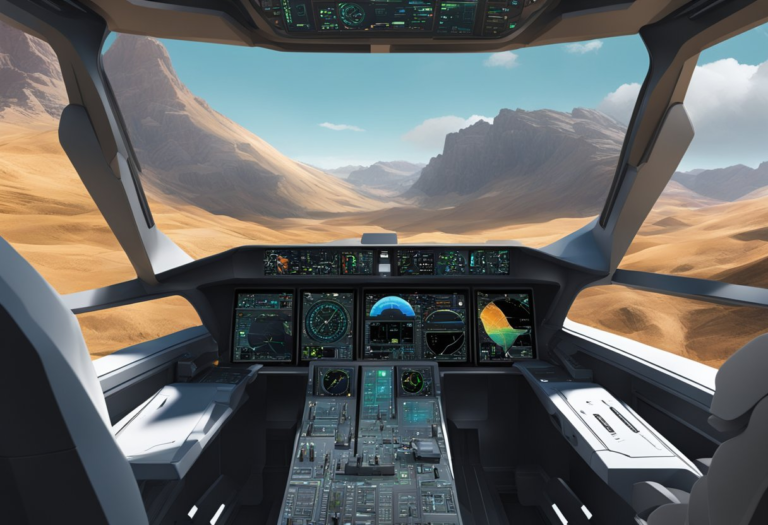 High-tech cockpit with android pilot, soaring through realistic landscapes