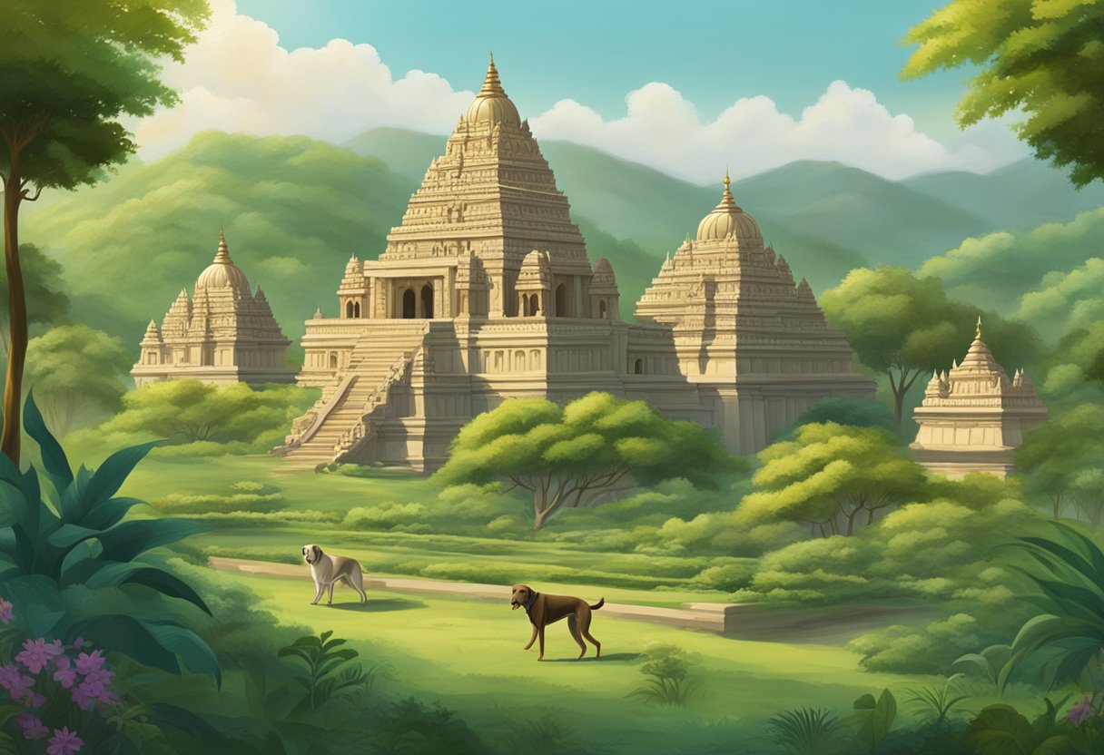 Ancient Indian dog breeds roam a lush, green landscape with ornate temples in the background