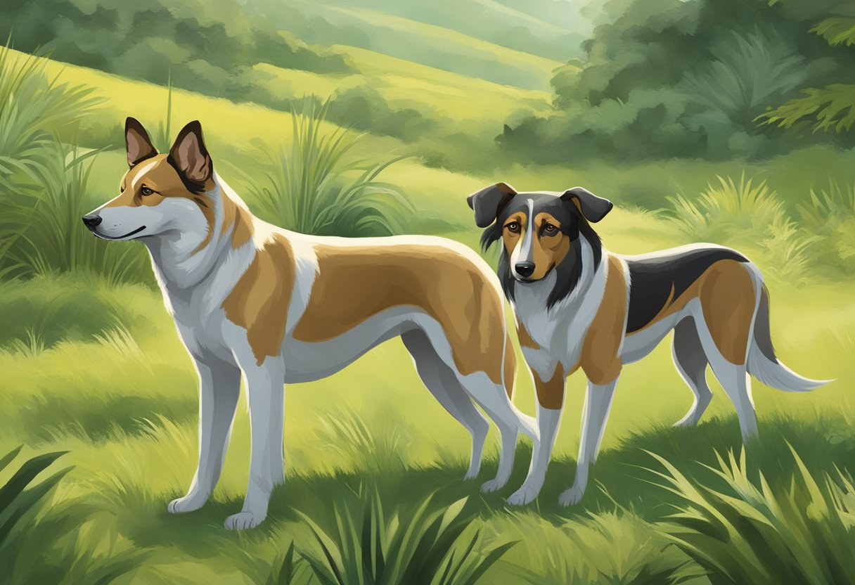 Ancient Indian dog breeds roam freely in a lush, green landscape, showcasing their unique features and prominent stature