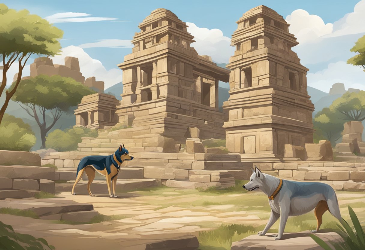 Ancient Indian dog breeds roam among historical ruins, symbolizing cultural impact