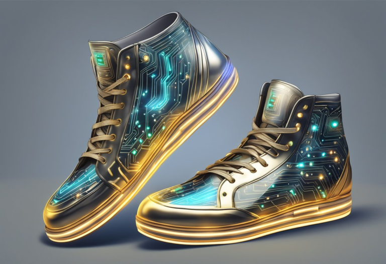 A pair of sleek, metallic shoes with glowing LED lights and intricate circuit patterns, symbolizing the fusion of technology and fashion.