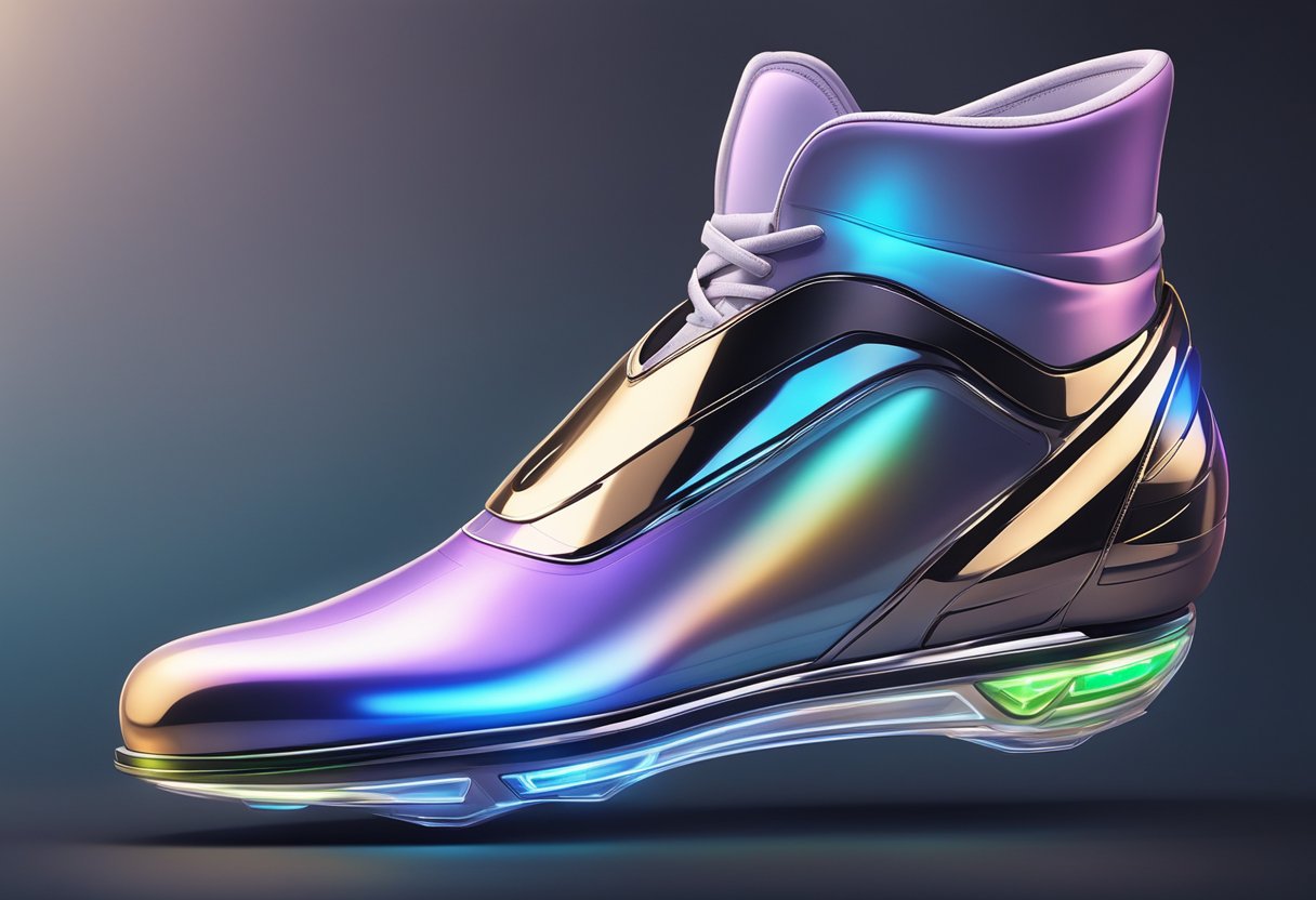 A sleek, futuristic shoe design with glowing LED accents, metallic and iridescent materials, and seamless integration of AI technology